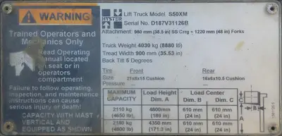 SPC9265  Forklift 4800 lbs. Hyster propane forklift model S50XM, cushion tires, 189" lift height