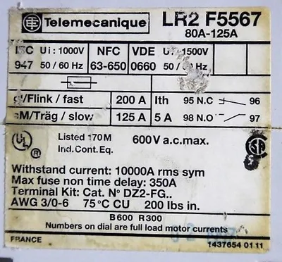 Telemecanique LR2 F5567 Overload Relay 80A - 125A Used