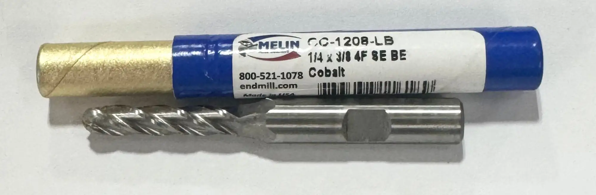 Melin 1/4" Cobalt Ball Nose End Mill Long Length 4 Flute 3/8" Shank USA