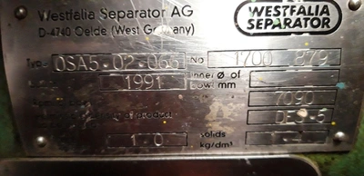 Westfalia OSA 5-02-066 lube oil purifier, SS.
