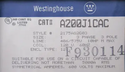 NEW WESTINGHOUSE A200J1CAC NON REVERSING STARTER SIZE 1 10HP 120V COIL A200M1CAC