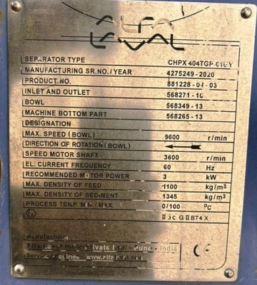 Alfa-Laval CHPX 404 TGP-61GY purifier/concentrator centrifuge, 316SS.