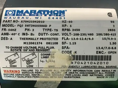 Used MARATHON ELECTRIC FQJ 56T3405500D P / X70421042010 Motors (misc) Ohio US | HGR 24 #1556728