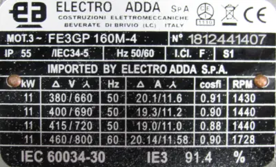 NEW ELECTRO ADDA FE3GP 160M-4 MOTOR 11KW 14.75HP FE3GP160M4