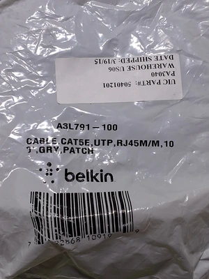 BELKIN 100ft RJ45 CAT 5E GREY CABLE 4PR 24AWG A3L791-100