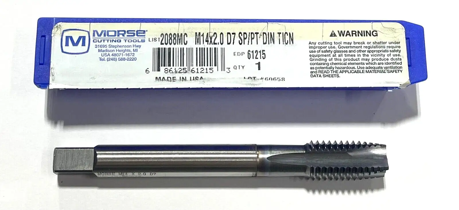 Morse M14 x 2mm HSS Spiral Point Tap D7 4 Flute TiCN Coating USA Made 61215