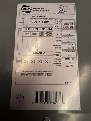 HAMMOND POWER SOLUTIONS Q002ESCF BOOST TRANSFORMER 120/240V 50/60Hz