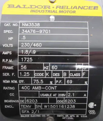 NEW BALDOR NM3538 MOTOR .5HP 230/460V 1725RPM