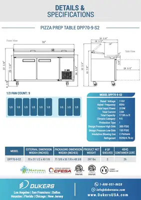 New | in-Stock Dukers New Dukers DPP70-9-S2 Commercial 2-Door Pizza Prep Table Refrigerated Food Prep Tables Illinois US | Falcon Restaurant Supply #1376289