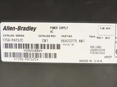 Allen Bradley 1756-PA72 ControlLogix PLC AC Power Supply Module 1756-PA72/C