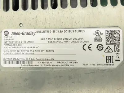 Allen Bradley 2198-P031 Kinetix 5700 DC Bus Power Supply 480VAC In 24VDC In