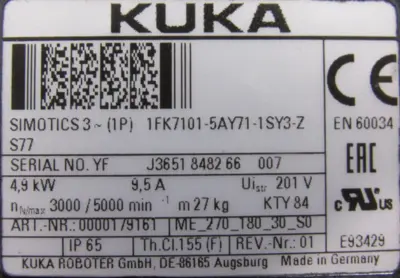 USED KUKA 1FK7101-5AY71-1SY3-Z SERVO MOTOR 1FK71015AY711SY3Z