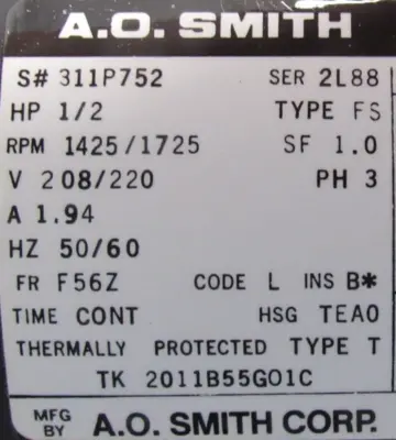 NEW A.O. SMITH 311P752 MOTOR .5HP 5/8"x2" 208/220V