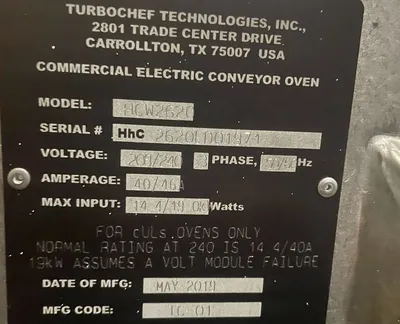 USED 2019 TURBOCHEF HCW2620