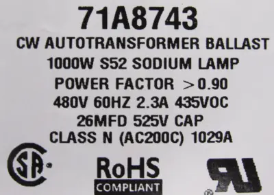 NEW ADVANCE 71A8743-001 CORE & COIL BALLAST KIT 1-1000W S52 HP 480V 71A8743001