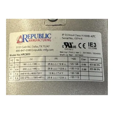 New | in-Stock REPUBLIC BLOWER SYSTEMS HRC800 Blowers West Virginia US | JM Industrial #1332439