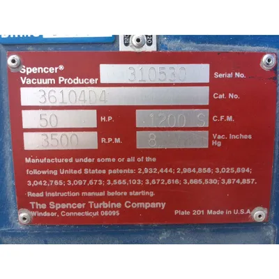 Used 50HP Spencer Vacuum System - 1,200CFM