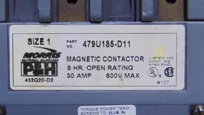 P&H 479U185-D11 Size 1 Magnetic Contactor 30A 110-120V / 220-240V Coil Used