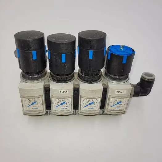 Used FESTO FOUR FESTO REGULATORS MS4-LRB-1/4-D6-AS WITH BRACKETS & AIR-LINE ELBOWS Misc Fasteners | ND Industrial Surplus #1218098