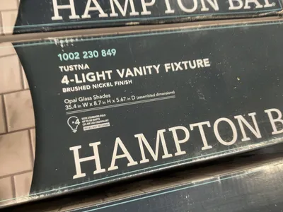 (7) Hampton Bay Tustna 4-Light Vanity Fixtures, Brushed Nickel Finish with Opal Glass Shades, 35.4"x...