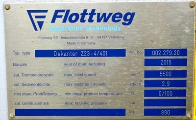 (2) Flottweg Z23-4/401 hybrid decanter centrifuges, 316SS.