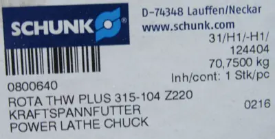 NEW SCHUNK 0800640 POWER LATHE CHUCK ROTA THW PLUS 315-104 Z220