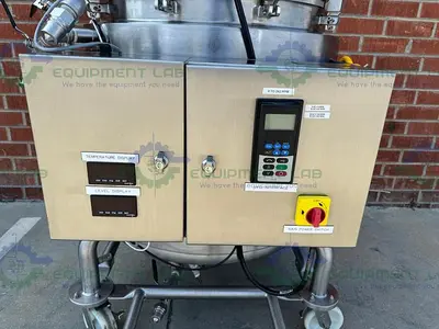 USED ALLEGHENY 400 LITER STAINLESS STEEL JACKETED REACTOR 45 PSI W/ 5 HP TOP MIXER
