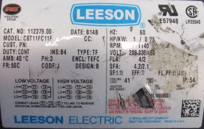 USED LEESON 112379.00 MOTOR 1HP 208-230/460V 5/8" DIA. C6T11FC11F