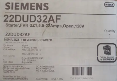 NEW SIEMENS 22DUD32AF REVERSING STARTER 22DU+32A