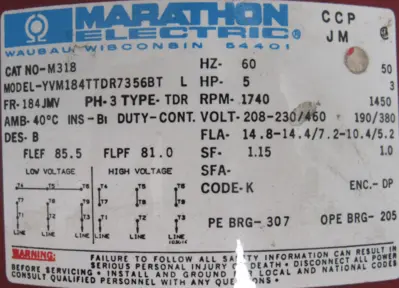 NEW MARATHON M318 MOTOR 5HP 208-230/460V YVM184TTDR7356BT