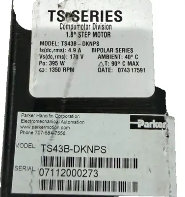 USED PARKER COMPUMOTOR TS SERIES TS43B-DKNPS 1.8 STEP MOTOR 170VDC 395W 1350RPM