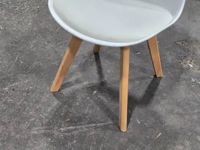 Mid-Century Modern Dining Chair with White Plastic Shell Seat , White Faux Leather Cushion and Beech Wood Legs