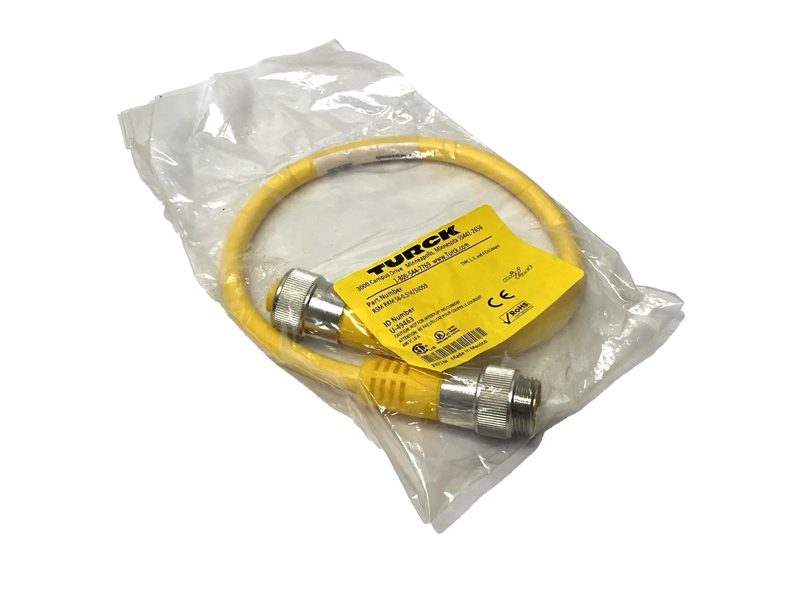 NEW TURCK DOUBLE END POWER CABLE MALE TO FEMALE 7/8" U-49463