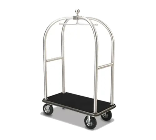 Forbes Industries Birdcage Luggage Cart w/ (2) Push Bars & Carpeted Deck - 48"L x 24"W x 72"H, Brushed Steel (2528-SS)
