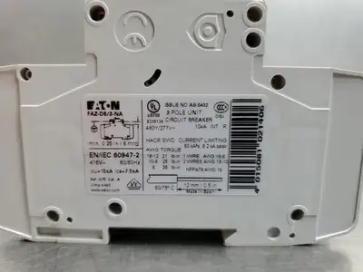 USED Eaton FAZ-D6/3-NA Circuit Breaker, 6A, 3P, 480Y/277VAC
