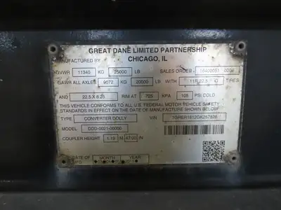 Great Dane Convertor Dolly 25000lbs Semi Truck Trailer Single Axle ABS Spring