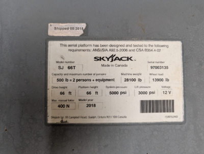 USED 2018 Skyjack SJ66T