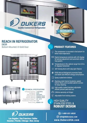 New | in-Stock Dukers New Dukers D83R Stainless Steel Solid 3-Door Commercial Reach-in Refrigerator Refrigerators Illinois US | Falcon Restaurant Supply #1376262
