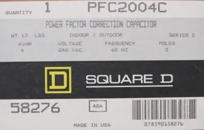NEW SQUARE D PFC2004C POWER FACTOR CAPACITOR 4KVAR 240V 58276