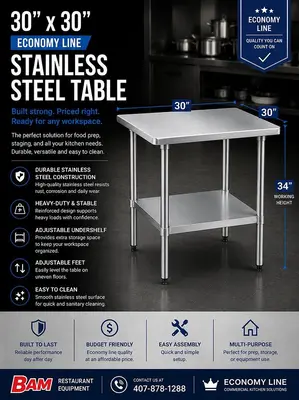 30"x30" Economy Line Stainless Steel Table