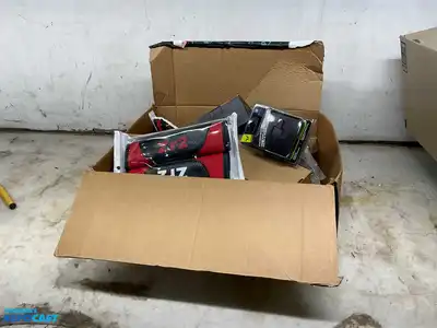 Box of various car parts and accessories including: red and black rearm rest covers, Chevy...