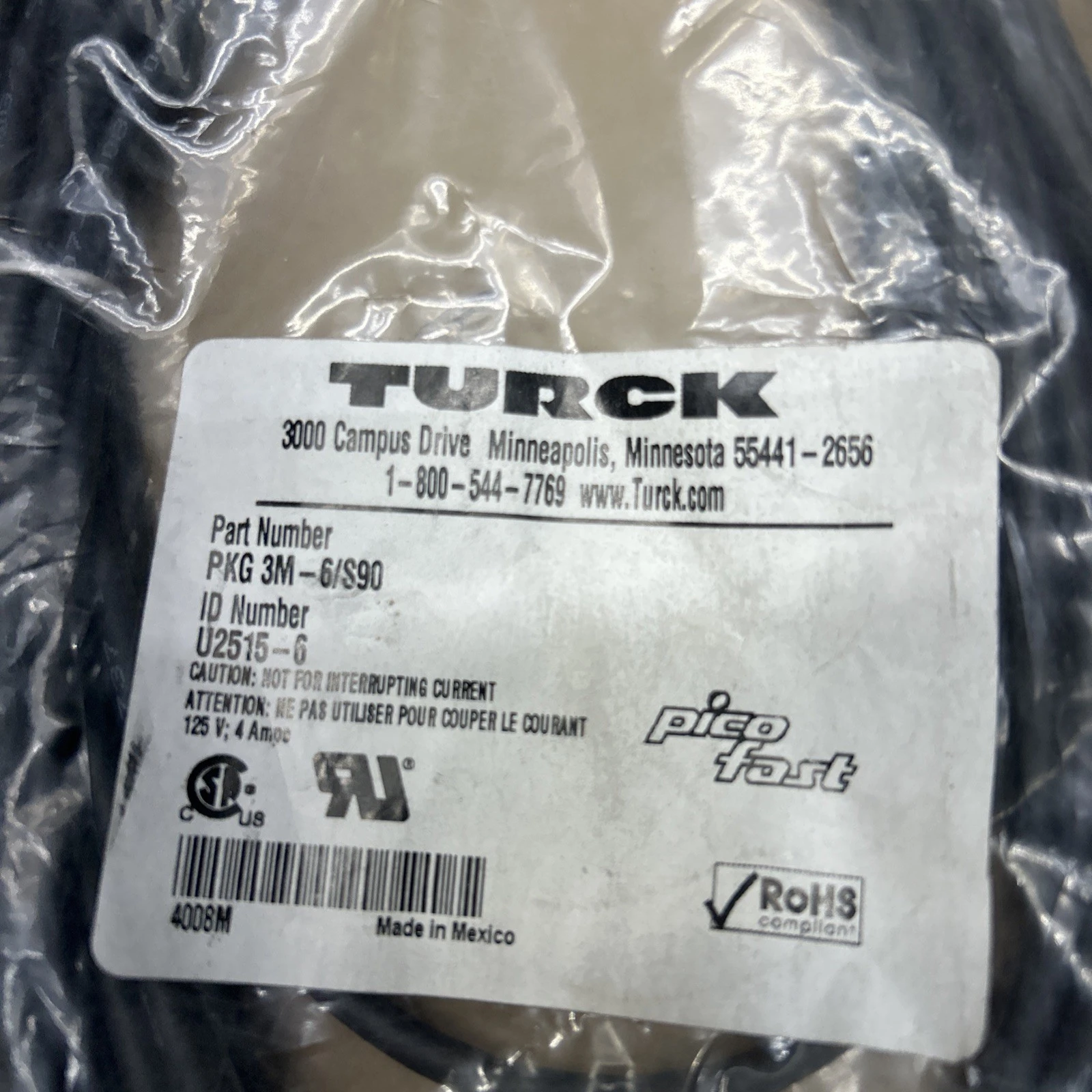 Turck PKG 3M-6/S90 ID# U2515-6 Connection Cable Cordset Fast Shipping+ Warranty