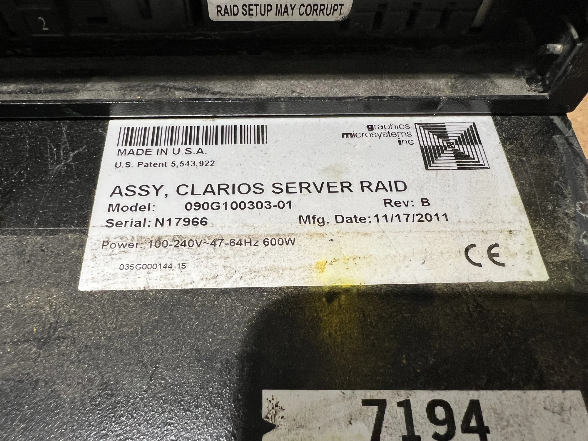 USED 2011 AVT/GMI USED - CLARIOS CLC SERVER RAID 090G100303-01