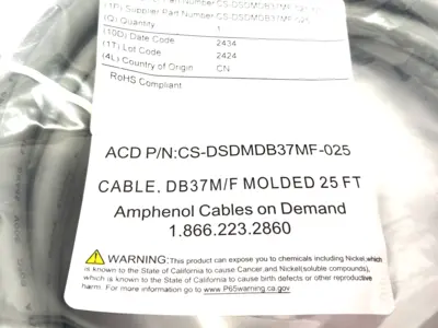 NEW AMPHENOL D-SUB CABLE ASSEMBLY DB37, GRAY, 25' LENGTH