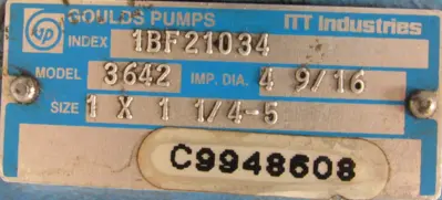 REFURBISHED GOULDS 1BF21034 PUMP 1HP 1 x 1-1/4-5 208-230/460V 3642
