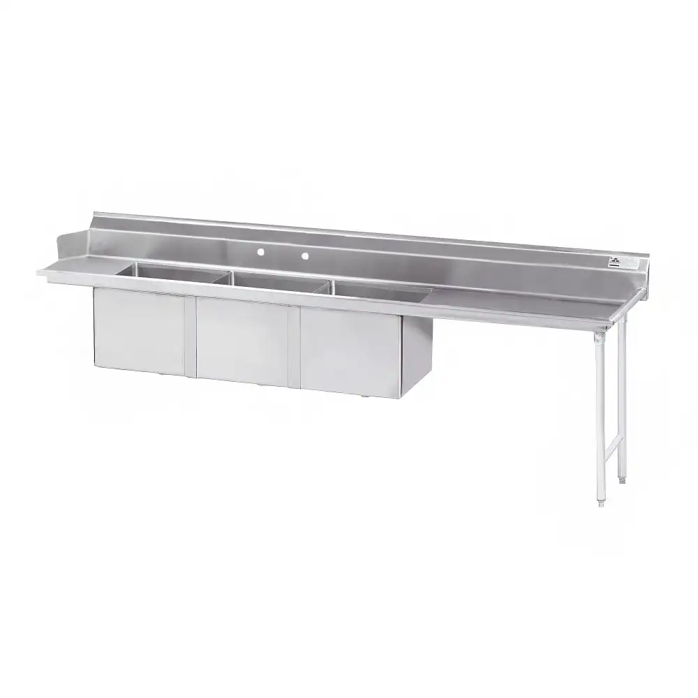 Advance Tabco DTC-3-1824-96RX Dish Table - (3) 18" x 24" x 14" Bowls, 29" Right Drainboard, 16 ga 304 Stainless
