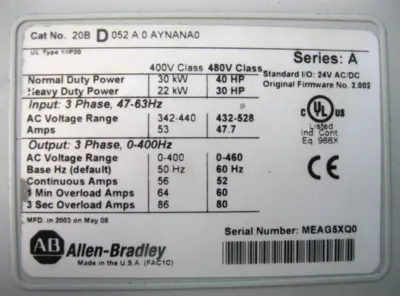 USED Allen-Bradley 20B-D052A0AYNANA0