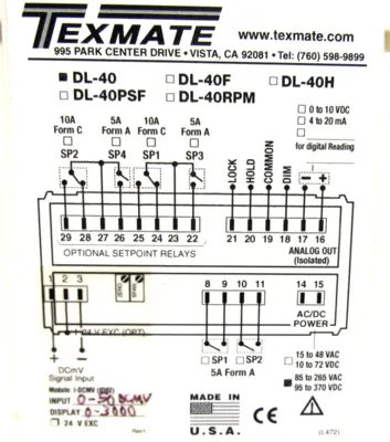 NEW TEXMATE DL-40 PANEL METER DL40