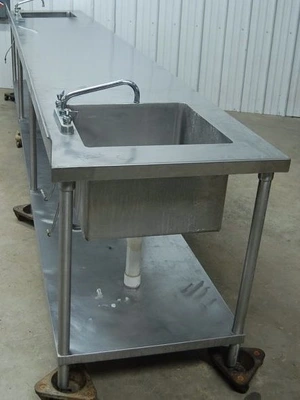 142-0793 14 Foot Stainless Steel Heavy Duty Work Table with Two Bowl Sinks