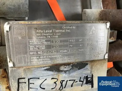 USED Alfa Laval 100 Sq Ft Alfa Laval Spiral Heat Exchanger, S/S, 100/100#